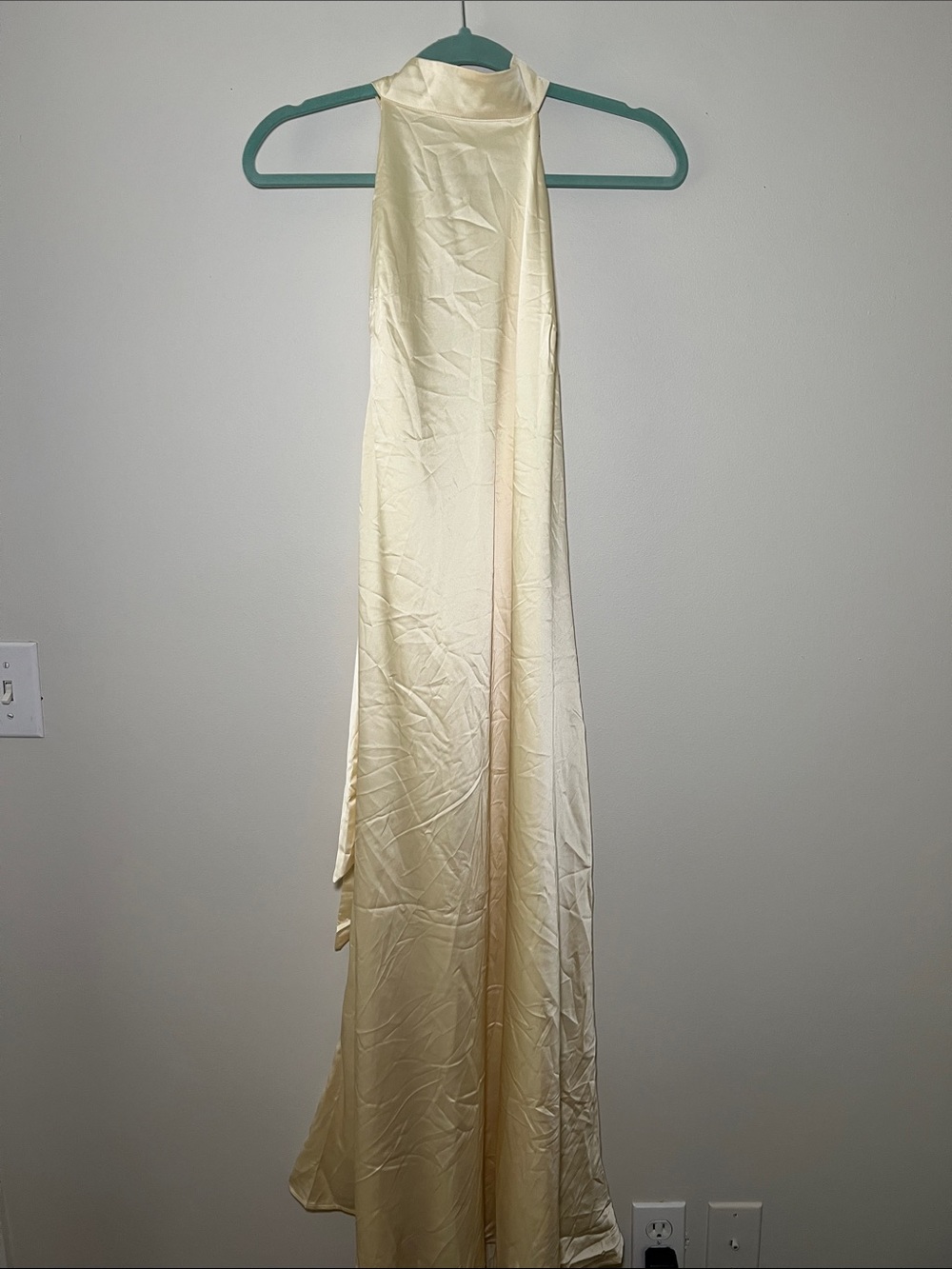 High-Neck Satin Maxi Dress in Pale Butter Yellow - Picture 2 of 6